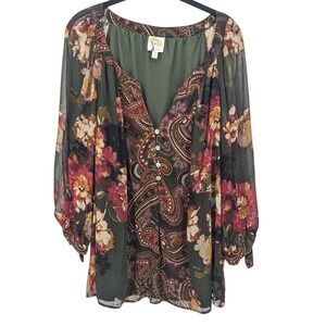 Fig and Flower Blouse Womens 3X Green Bohemian Paisley Floral Tunic Sheer Top